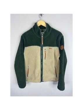 Wanakome Mens Sherpa Fleece Jacket Green Tan Colorblock Full Zip Medium